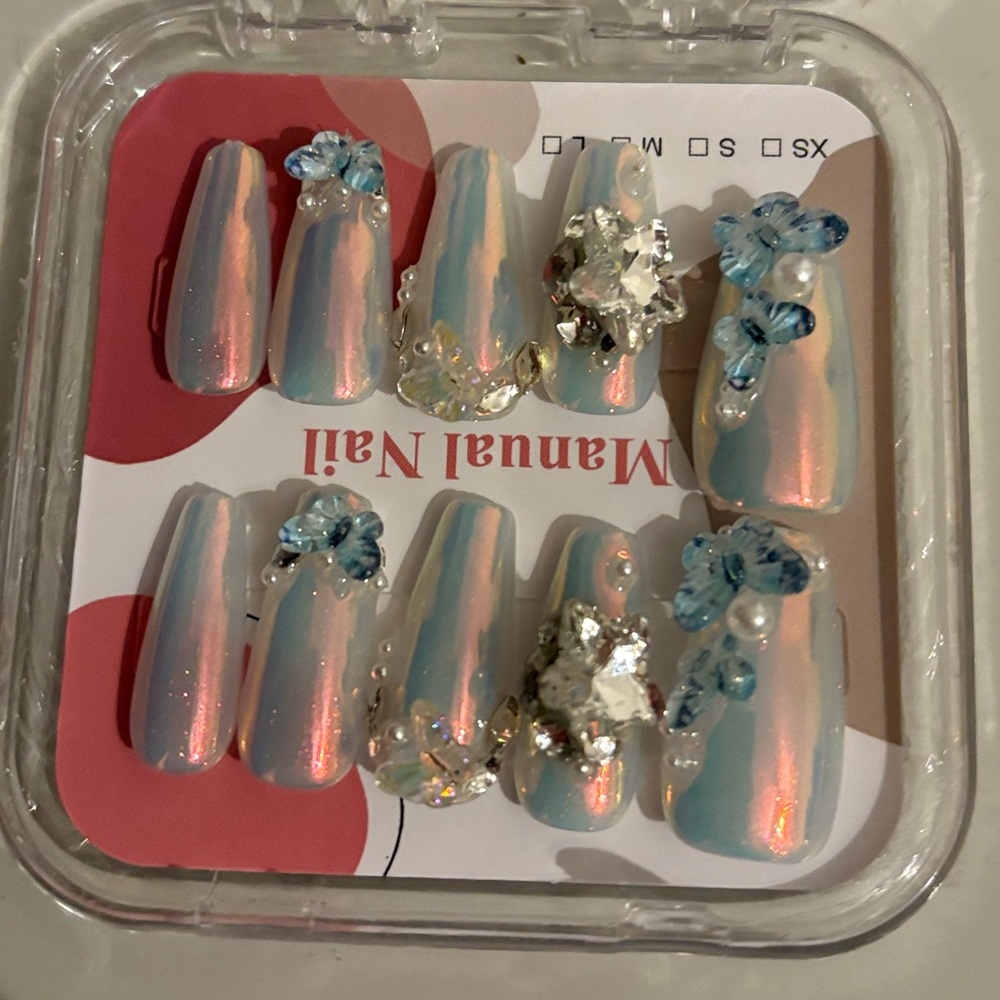Iridescent Rhinestone butterfly bedazzled press on nails